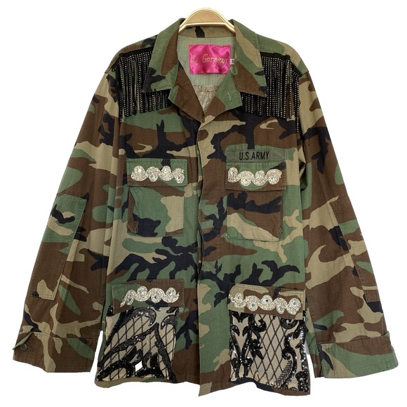 Upcycled Barn Chore Embellished Camo Jacket Women M Green Whimsigoth Sequin Lace - Picture 1 of 14